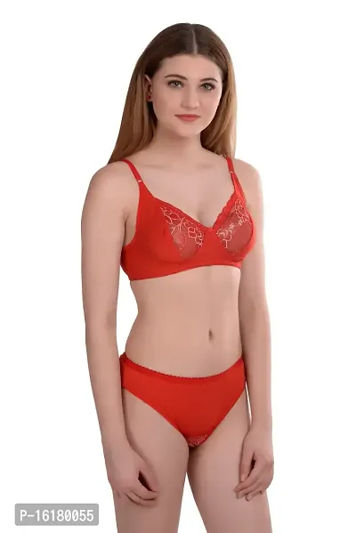 Stylish Red Cotton Self Pattern Bra And Panty Set For Women-thumb3