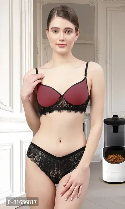 Women Black,Maroon Net Bra Panty Set|Lingerie Set|Honeymoon Night Dress Wedding|Valentine Beautiful Gift for Girl|Bra Panty Set for Women with Sexy|Bra Panty Set for Women-thumb4