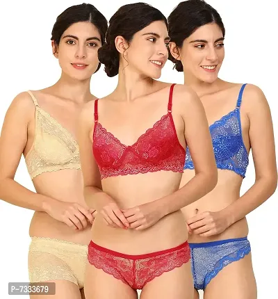 PIBU-Women's Net Bra Panty Set for Women Lingerie Set Sexy Honeymoon Undergarments ( Color : Brown,Red,Blue )( Pack of 3 )( Size :36) Model No : Net SSet-thumb0