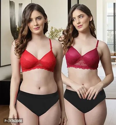 Stylish Women Red, Maroon Cotton Bra Panty Set - Pack of 2