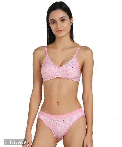 Stylish Pink Cotton Self Pattern Bra And Panty Set For Women-thumb0