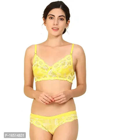 Stylish Yellow  Bra  Panty Set For Women