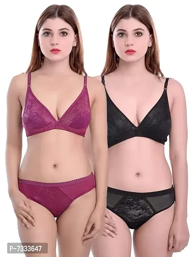 PIBU-Women's Cotton Bra Panty Set for Women Lingerie Set Sexy Honeymoon Undergarments ( Color : Maroon,Black )( Pack of 2 )( Size :36) Model No : Safal et-thumb0