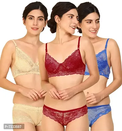 Bridal Premium Lace Soft Net Bra Panty - 3 Set, Lingerie, Bra and Panty  Sets Free Delivery India.