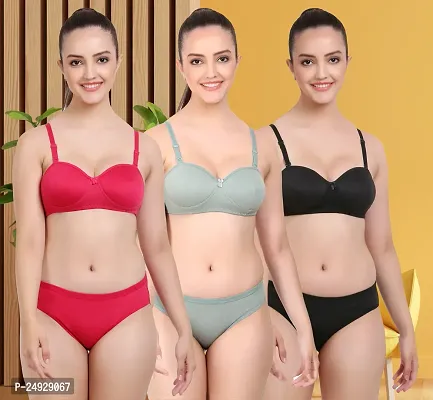 Stylish Cotton Bra And Panty Set For Women Pack Of 3-thumb0