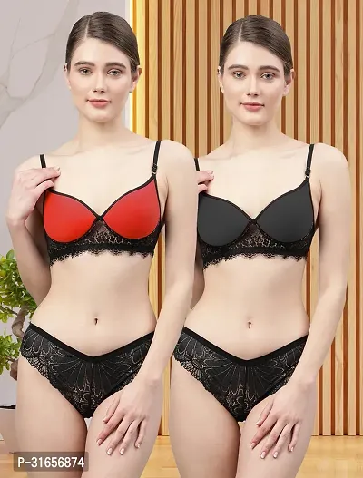 Women Red,Black Net Bra Panty Set|Lingerie Set|Honeymoon Night Dress Wedding|Valentine Beautiful Gift for Girl|Bra Panty Set for Women with Sexy|Bra Panty Set for Women