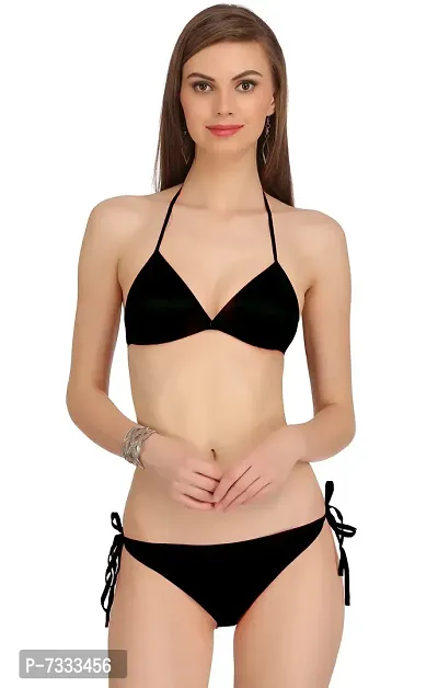 PIBU-Women's Satin Bikini Bra Panty Set for Women Lingerie Set Sexy Honeymoon Undergarments ( Color : Black )( Pack of 1 )( Size :36) Model No : Satan et-thumb0