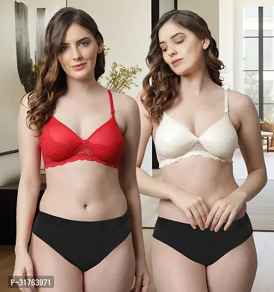 Stylish Women Red, Brown Cotton Bra Panty Set - Pack of 2