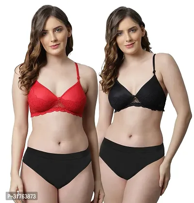 Stylish Women Red, Black Cotton Bra Panty Set - Pack of 2