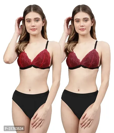 Stylish Women Red, Maroon Net Bra Panty Set - Pack of 2-thumb0