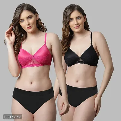 Stylish Women Pink, Black Cotton Bra Panty Set - Pack of 2