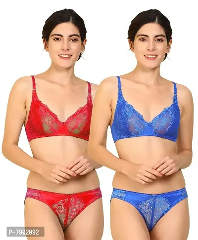 Fashion Comfortz Women Net Bra Panty Set for Lingerie Set ( Pack of 2 ) ( Color : Red,Blue ) ( Pattern : Floral Print ) ( Size : 30 ) ( SKU : Set Hira_Red,Blue )-thumb0