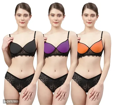 Women Net Bra Panty Set for Lingerie Set ( Pack of 3 ) ( Color : Black,Purple,Orange )