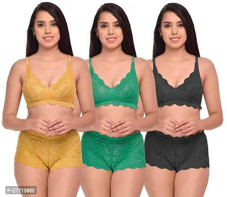 Women Net Bra Panty Set for Lingerie Set Pack of 3  Color : Yellow,Green,Black-thumb0