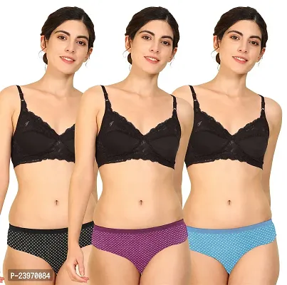 Elegant Cotton Self Pattern Bras And Panty Set For Women- Pack Of 3-thumb0