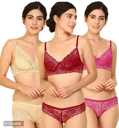 PIBU-Women's Net Bra Panty Set for Women Lingerie Set Sexy Honeymoon Undergarments ( Color : Brown,Maroon,Yellow )( Pack of 3 )( Size :36) Model No : Net SSet