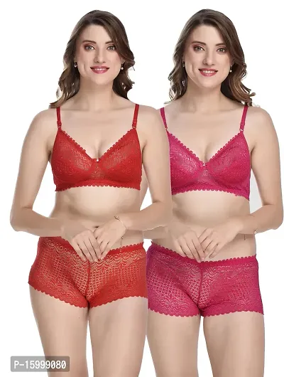 Stylish Fancy Net Bra  Panty Set For Women Pack Of 2