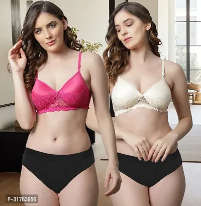 Stylish Women Pink, Brown Cotton Bra Panty Set - Pack of 2