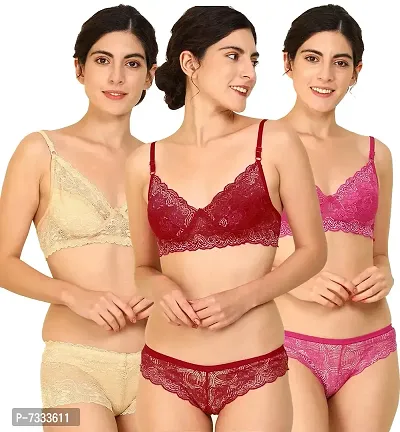PIBU-Women's Net Bra Panty Set for Women Lingerie Set Sexy Honeymoon Undergarments ( Color : Brown,Maroon,Pink )( Pack of 3 )( Size :34) Model No : Net SSet