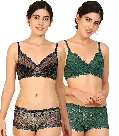 PIBU-Women's Net Bra Panty Set for Women Lingerie Set Sexy Honeymoon Undergarments (Color : Multi)(Pack of 2)