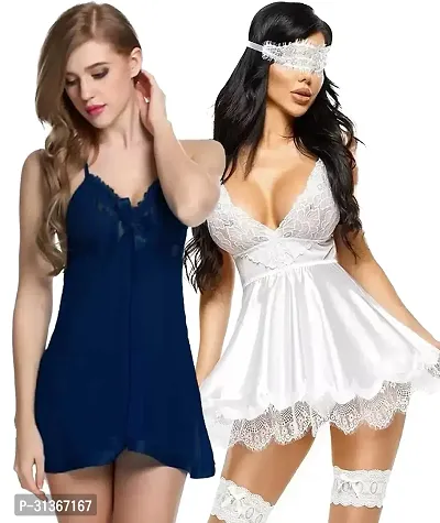 Women Blue,White Designed Babydoll Sexy Lingerie Set Honeymoon Nighty Anniversary Night Dress-thumb0