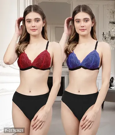 Stylish Women Red, Blue Net Bra Panty Set - Pack of 2-thumb0