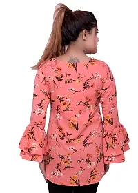 one amore Women's Floral Print Poly Crepe Bell Long Sleeves Round Neck Casual Top (Coral,XL)-thumb4