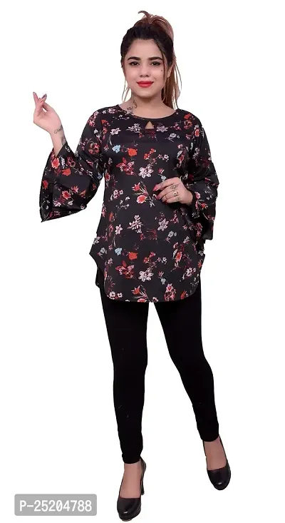 one amore Women's Floral Print Poly Crepe Bell Long Sleeves Round Neck Casual Top (Black,M)