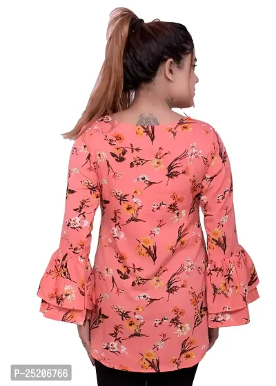 one amore Women's Floral Print Poly Crepe Bell Long Sleeves Round Neck Casual Top (Coral,M)-thumb5