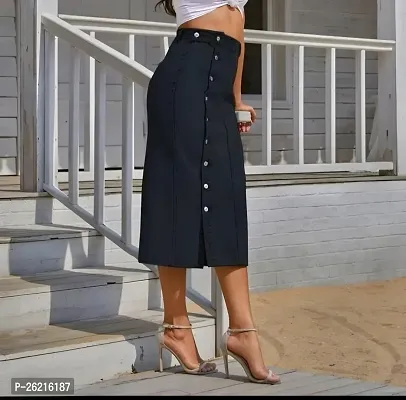 Elegant Black Side Cut Denim Below Knee Skirts For Women-thumb2