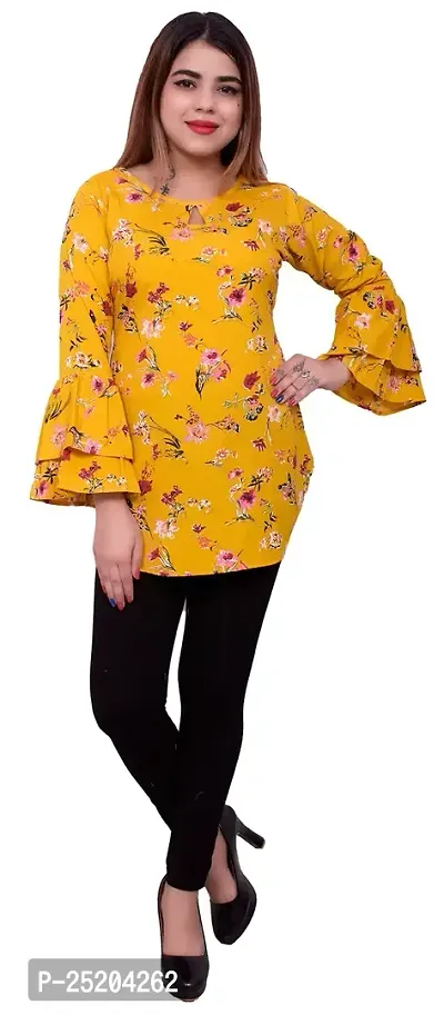 one amore Women's Floral Print Poly Crepe Bell Long Sleeves Round Neck Casual Top (Yellow,L)