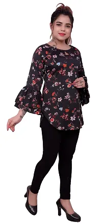 one amore Women's Floral Print Poly Crepe Bell Long Sleeves Round Neck Casual Top (Black,M)-thumb2