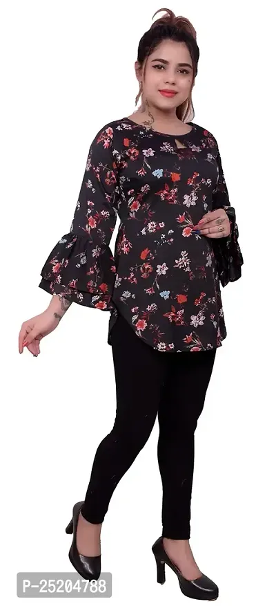 one amore Women's Floral Print Poly Crepe Bell Long Sleeves Round Neck Casual Top (Black,M)-thumb3