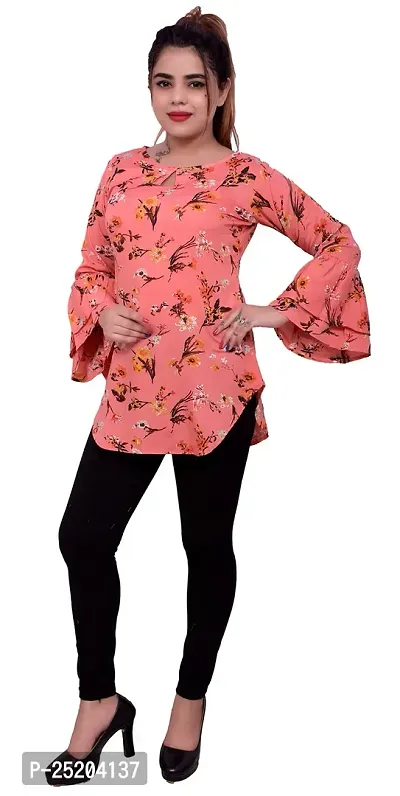 one amore Women's Floral Print Poly Crepe Bell Long Sleeves Round Neck Casual Top (Coral,S)-thumb4