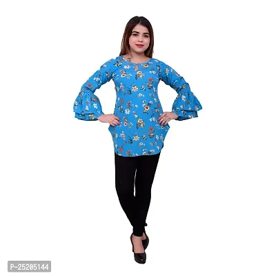 one amore Women's Floral Print Poly Crepe Bell Long Sleeves Round Neck Casual Top (Blue,L)