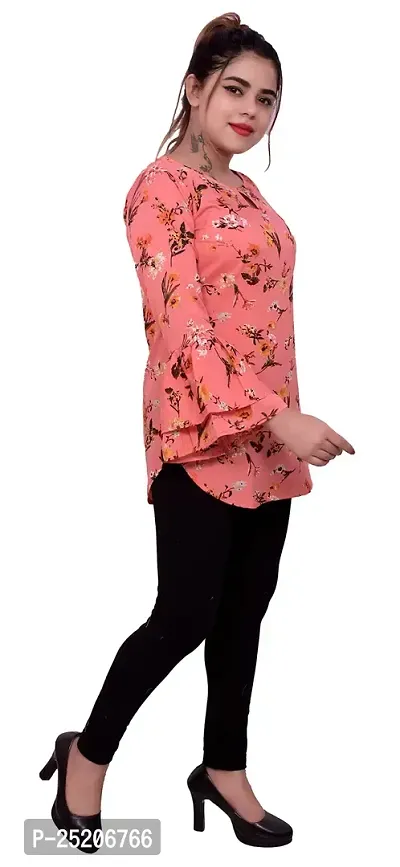 one amore Women's Floral Print Poly Crepe Bell Long Sleeves Round Neck Casual Top (Coral,M)-thumb3