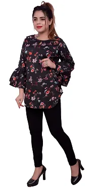 one amore Women's Floral Print Poly Crepe Bell Long Sleeves Round Neck Casual Top (Black,M)-thumb3