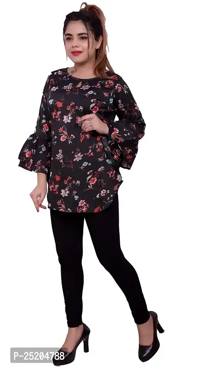 one amore Women's Floral Print Poly Crepe Bell Long Sleeves Round Neck Casual Top (Black,M)-thumb4