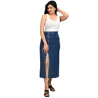 Elegant Blue Side Cut Denim Below Knee Skirts For Women-thumb2