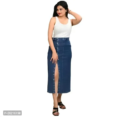 Elegant Blue Side Cut Denim Below Knee Skirts For Women-thumb4