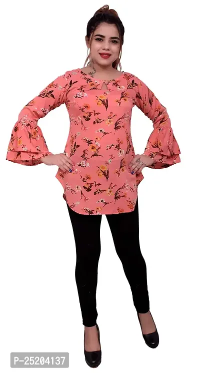 one amore Women's Floral Print Poly Crepe Bell Long Sleeves Round Neck Casual Top (Coral,S)