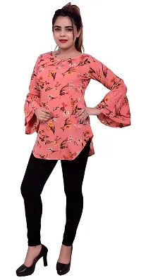 one amore Women's Floral Print Poly Crepe Bell Long Sleeves Round Neck Casual Top (Coral,L)-thumb3
