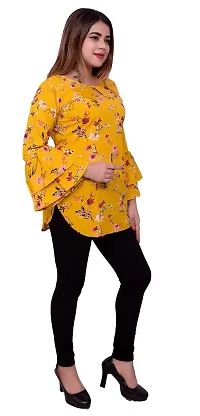 one amore Women's Floral Print Poly Crepe Bell Long Sleeves Round Neck Casual Top (Yellow,L)-thumb1