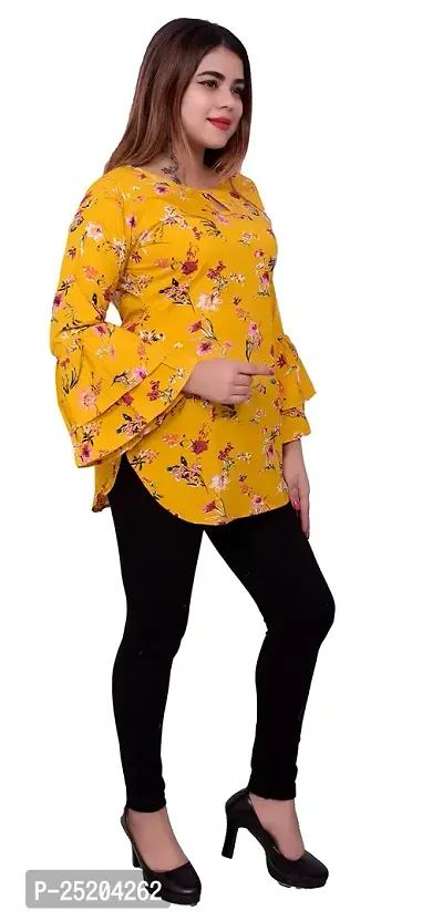 one amore Women's Floral Print Poly Crepe Bell Long Sleeves Round Neck Casual Top (Yellow,L)-thumb2