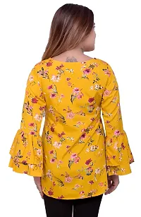 one amore Women's Floral Print Poly Crepe Bell Long Sleeves Round Neck Casual Top (Yellow,L)-thumb3