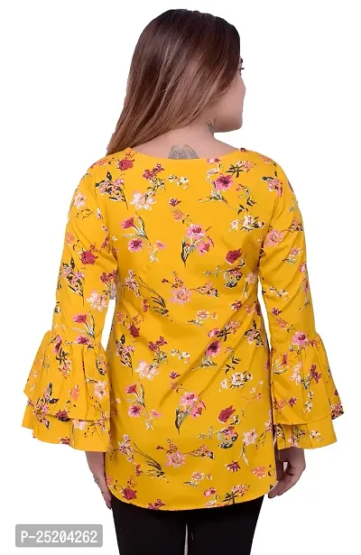one amore Women's Floral Print Poly Crepe Bell Long Sleeves Round Neck Casual Top (Yellow,L)-thumb4