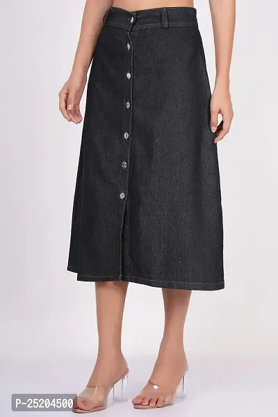Women's Solid Denim A-line Long Skirt-thumb3