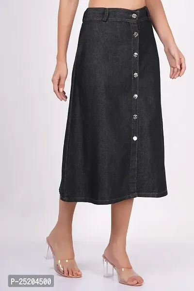 Women's Solid Denim A-line Long Skirt-thumb4