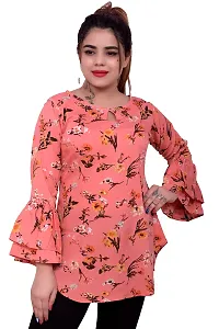 one amore Women's Floral Print Poly Crepe Bell Long Sleeves Round Neck Casual Top (Coral,XL)-thumb1