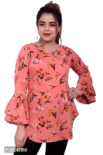 one amore Women's Floral Print Poly Crepe Bell Long Sleeves Round Neck Casual Top (Coral,2XL)-thumb2